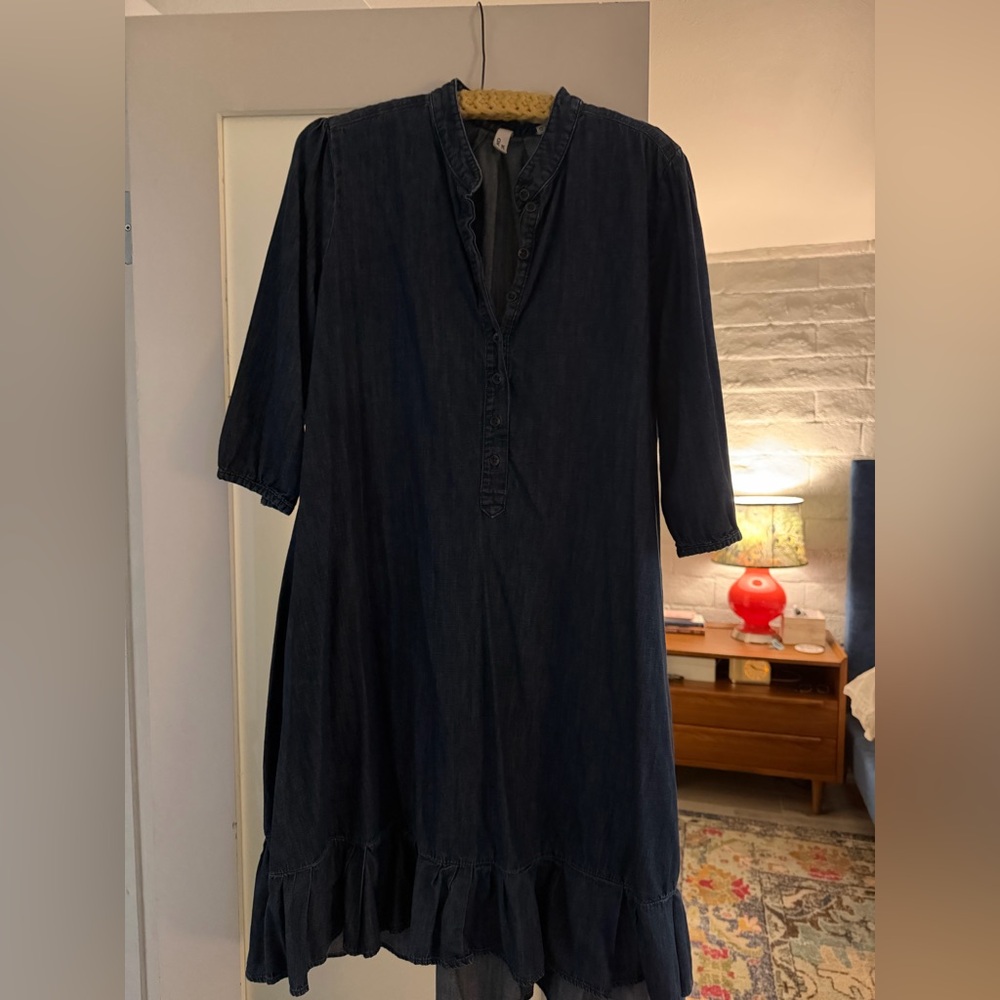 Denim Button Tunic Dress in Medium Blue